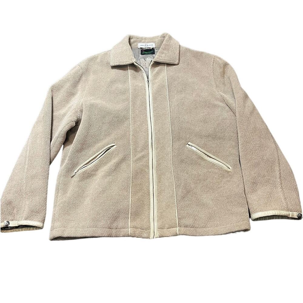 Vintage Umberto Bilancioni Mens Wool Jacket Leather Trim Beige Coat Zip Size 52‎